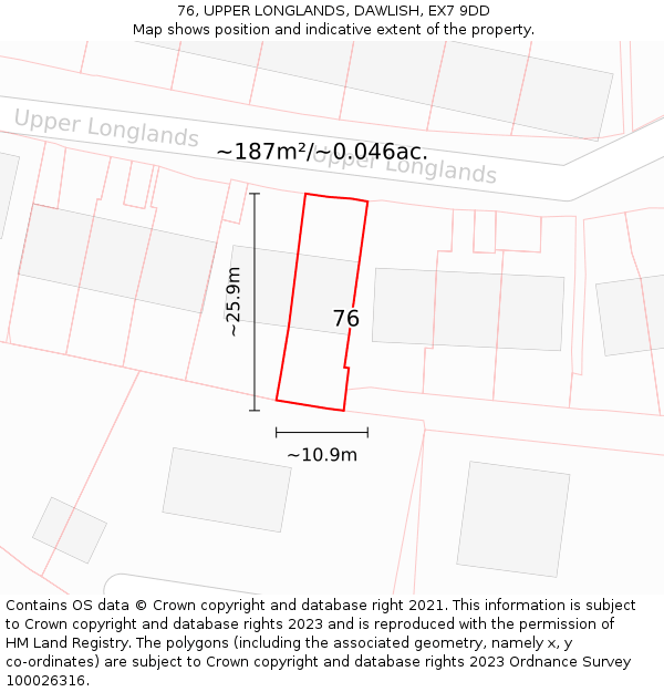 76, UPPER LONGLANDS, DAWLISH, EX7 9DD: Plot and title map