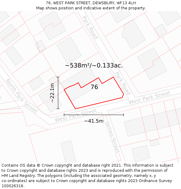 76, WEST PARK STREET, DEWSBURY, WF13 4LH: Plot and title map