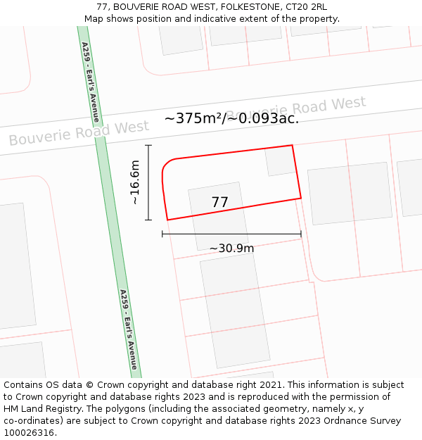 77, BOUVERIE ROAD WEST, FOLKESTONE, CT20 2RL: Plot and title map