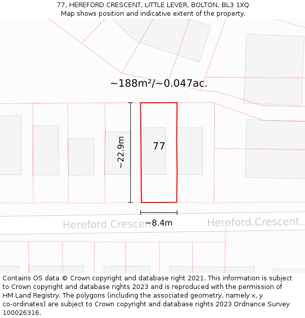 77, HEREFORD CRESCENT, LITTLE LEVER, BOLTON, BL3 1XQ: Plot and title map