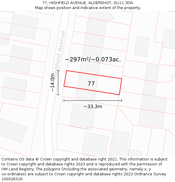 77, HIGHFIELD AVENUE, ALDERSHOT, GU11 3DA: Plot and title map