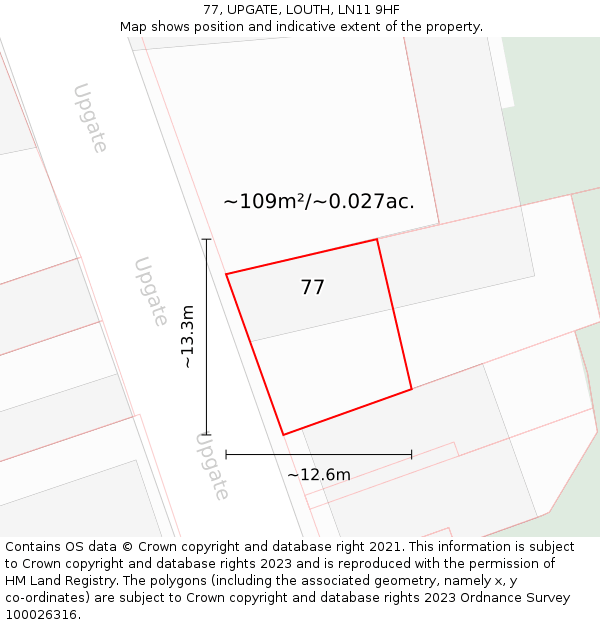 77, UPGATE, LOUTH, LN11 9HF: Plot and title map