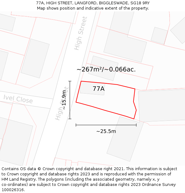 77A, HIGH STREET, LANGFORD, BIGGLESWADE, SG18 9RY: Plot and title map