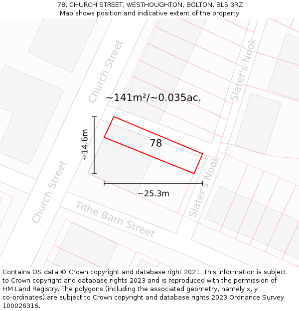 78, CHURCH STREET, WESTHOUGHTON, BOLTON, BL5 3RZ: Plot and title map