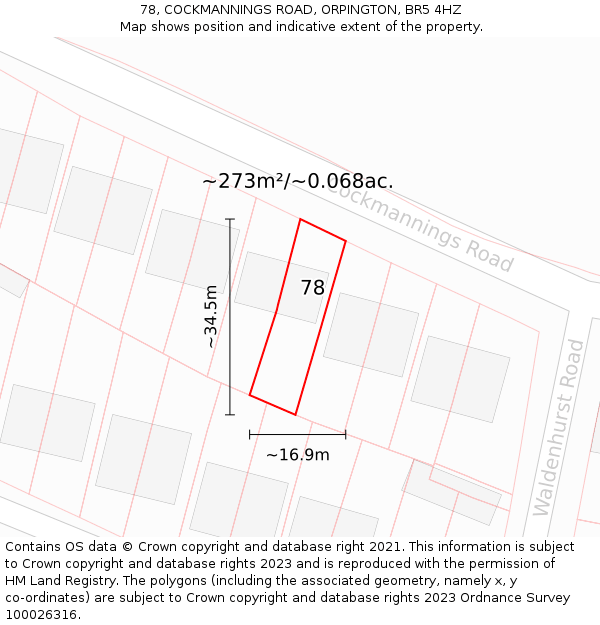 78, COCKMANNINGS ROAD, ORPINGTON, BR5 4HZ: Plot and title map