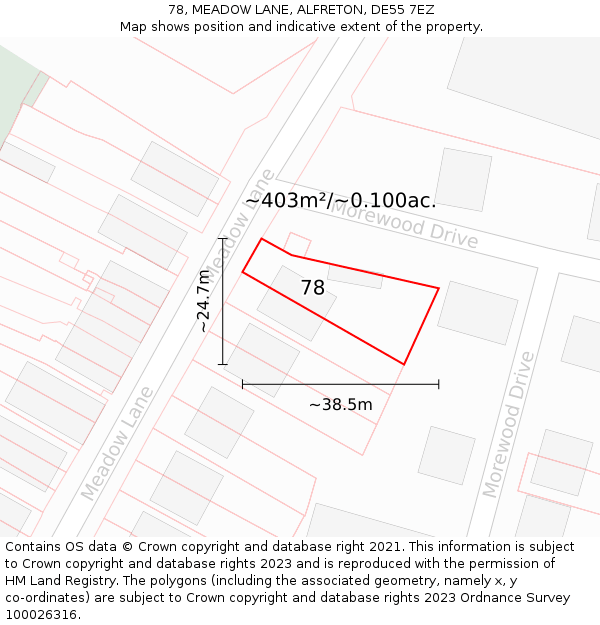 78, MEADOW LANE, ALFRETON, DE55 7EZ: Plot and title map