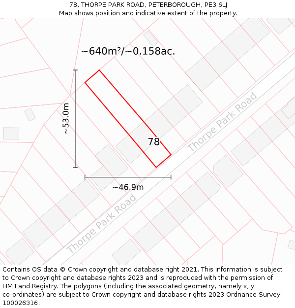 78, THORPE PARK ROAD, PETERBOROUGH, PE3 6LJ: Plot and title map