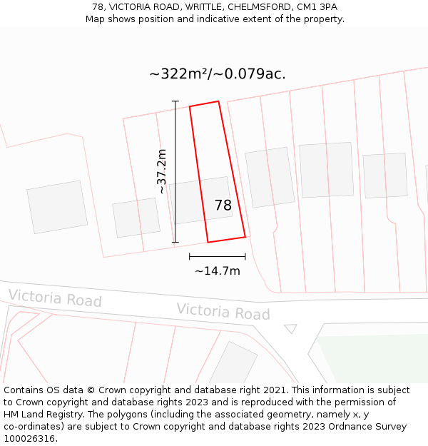 78, VICTORIA ROAD, WRITTLE, CHELMSFORD, CM1 3PA: Plot and title map