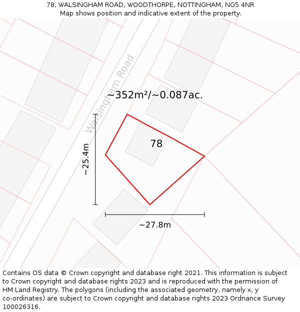 78, WALSINGHAM ROAD, WOODTHORPE, NOTTINGHAM, NG5 4NR: Plot and title map