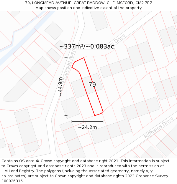 79, LONGMEAD AVENUE, GREAT BADDOW, CHELMSFORD, CM2 7EZ: Plot and title map