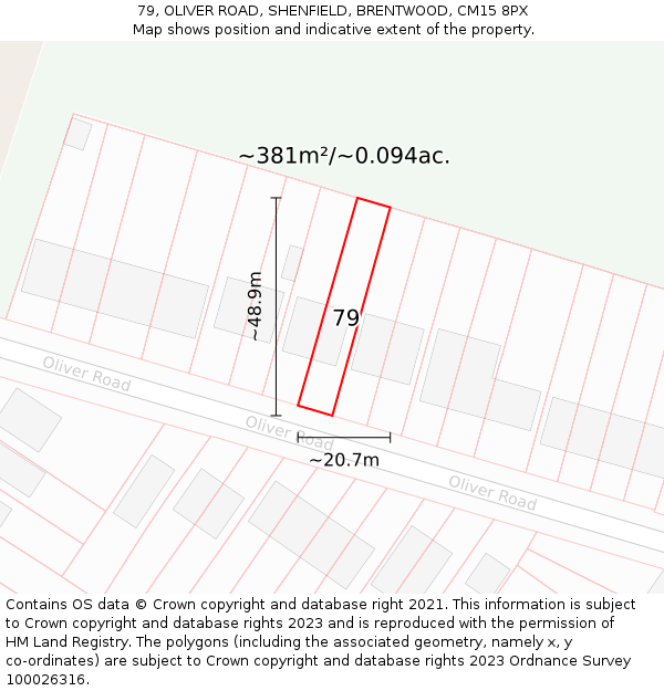 79, OLIVER ROAD, SHENFIELD, BRENTWOOD, CM15 8PX: Plot and title map