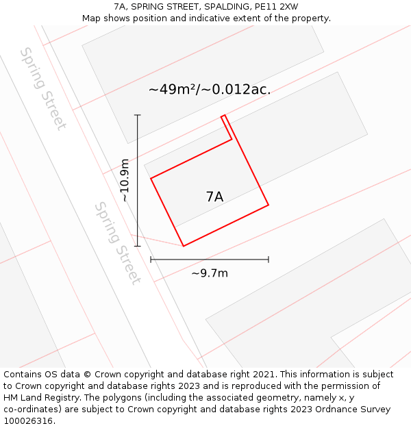 7A, SPRING STREET, SPALDING, PE11 2XW: Plot and title map