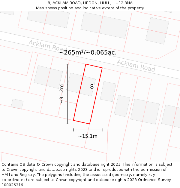 8, ACKLAM ROAD, HEDON, HULL, HU12 8NA: Plot and title map