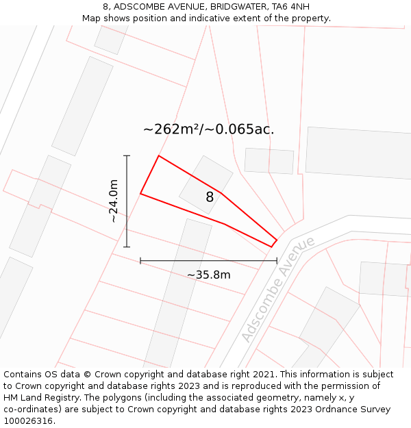 8, ADSCOMBE AVENUE, BRIDGWATER, TA6 4NH: Plot and title map