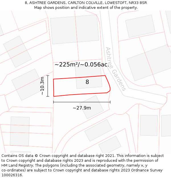 8, ASHTREE GARDENS, CARLTON COLVILLE, LOWESTOFT, NR33 8SR: Plot and title map