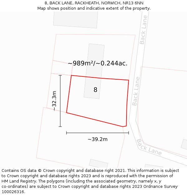 8, BACK LANE, RACKHEATH, NORWICH, NR13 6NN: Plot and title map