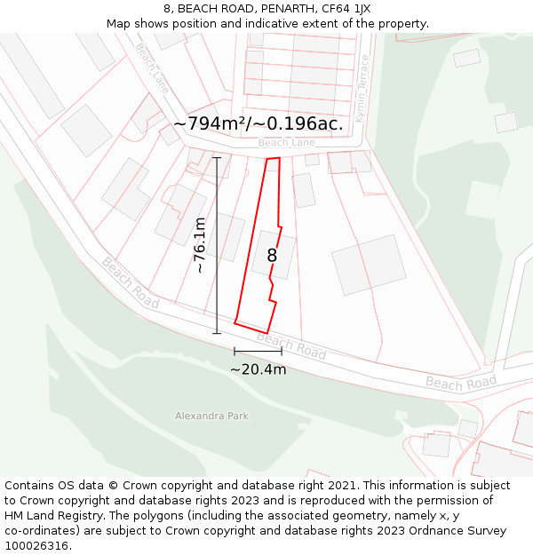 8, BEACH ROAD, PENARTH, CF64 1JX: Plot and title map