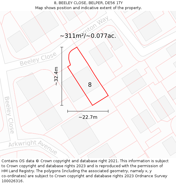 8, BEELEY CLOSE, BELPER, DE56 1TY: Plot and title map