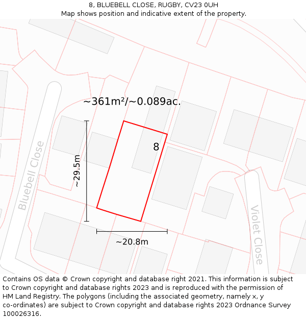 8, BLUEBELL CLOSE, RUGBY, CV23 0UH: Plot and title map