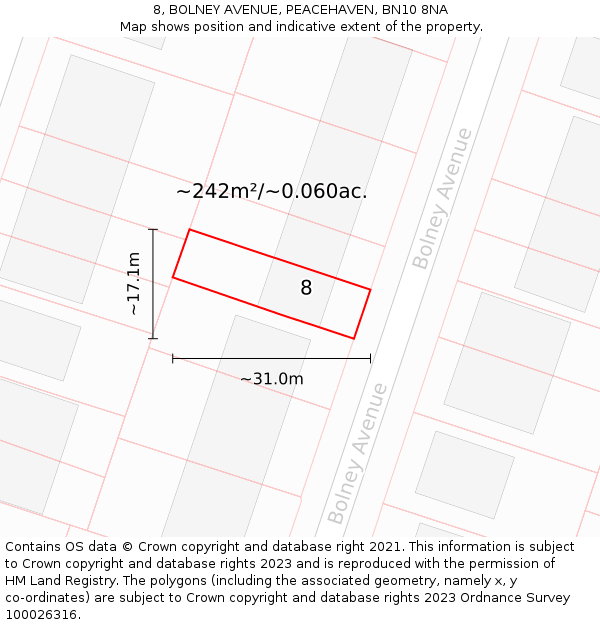 8, BOLNEY AVENUE, PEACEHAVEN, BN10 8NA: Plot and title map