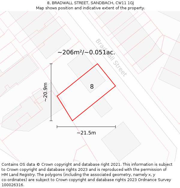 8, BRADWALL STREET, SANDBACH, CW11 1GJ: Plot and title map