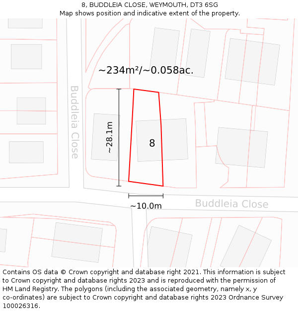 8, BUDDLEIA CLOSE, WEYMOUTH, DT3 6SG: Plot and title map