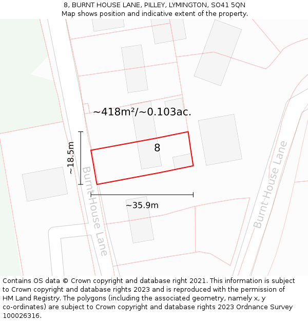 8, BURNT HOUSE LANE, PILLEY, LYMINGTON, SO41 5QN: Plot and title map