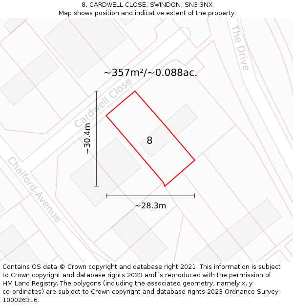 8, CARDWELL CLOSE, SWINDON, SN3 3NX: Plot and title map