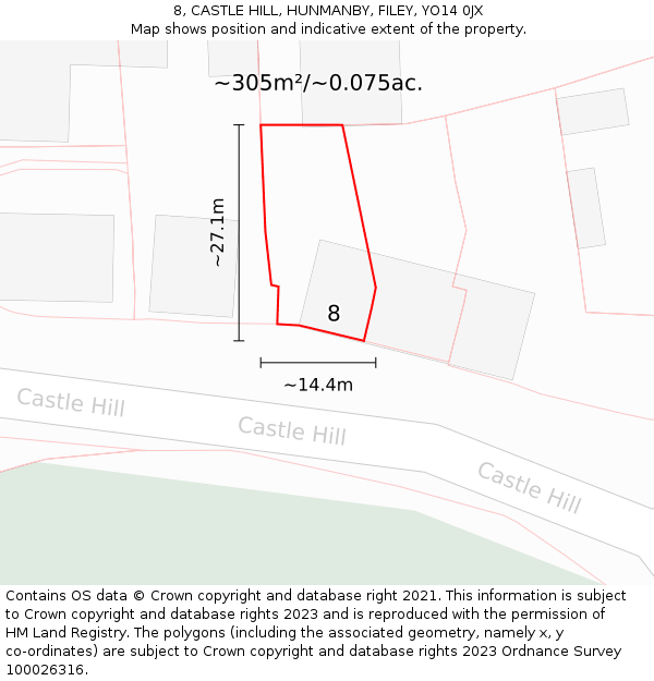 8, CASTLE HILL, HUNMANBY, FILEY, YO14 0JX: Plot and title map