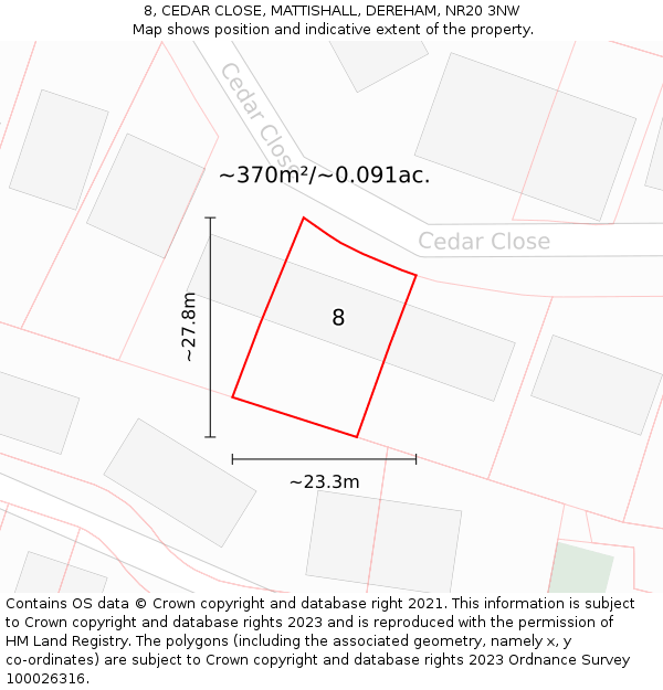 8, CEDAR CLOSE, MATTISHALL, DEREHAM, NR20 3NW: Plot and title map