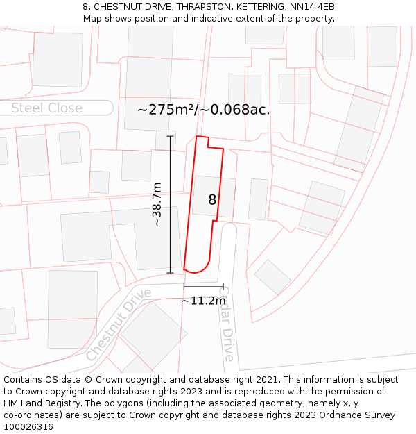 8, CHESTNUT DRIVE, THRAPSTON, KETTERING, NN14 4EB: Plot and title map