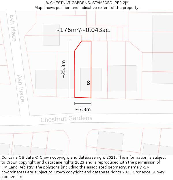 8, CHESTNUT GARDENS, STAMFORD, PE9 2JY: Plot and title map