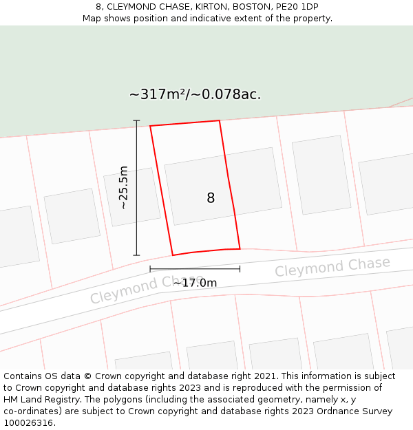 8, CLEYMOND CHASE, KIRTON, BOSTON, PE20 1DP: Plot and title map