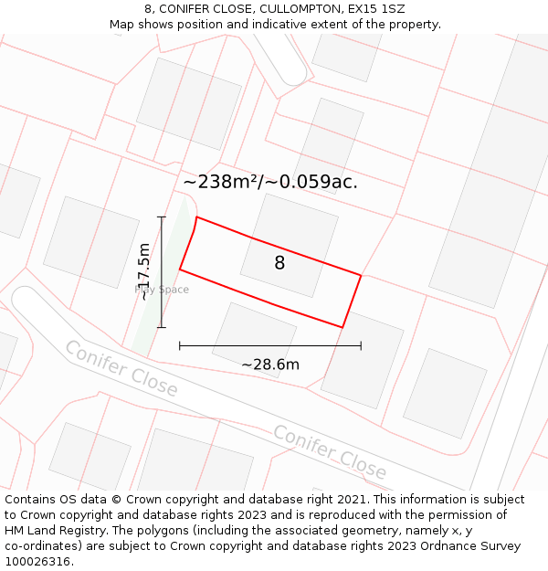 8, CONIFER CLOSE, CULLOMPTON, EX15 1SZ: Plot and title map