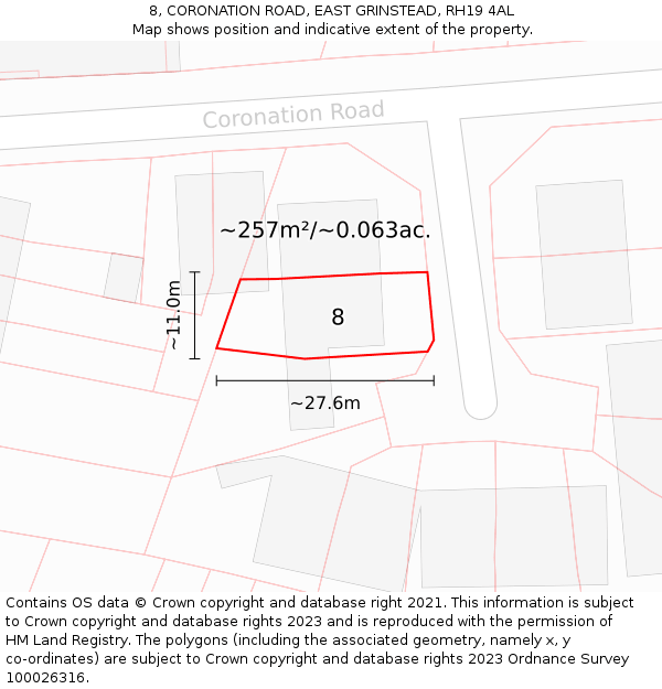 8, CORONATION ROAD, EAST GRINSTEAD, RH19 4AL: Plot and title map