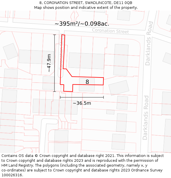8, CORONATION STREET, SWADLINCOTE, DE11 0QB: Plot and title map