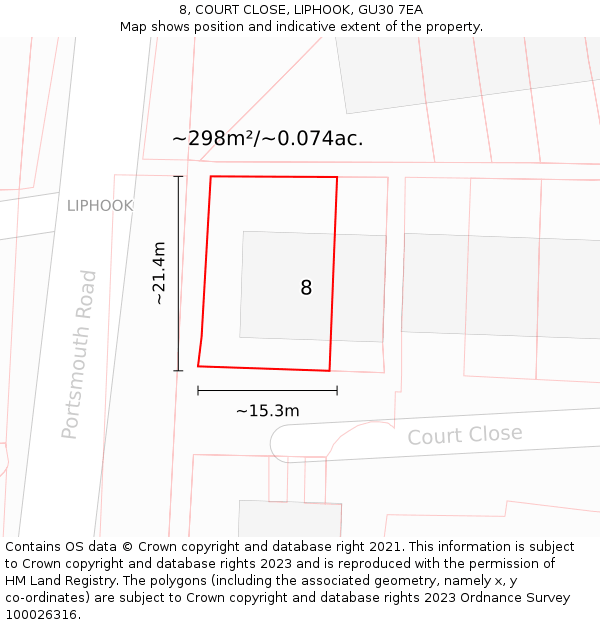 8, COURT CLOSE, LIPHOOK, GU30 7EA: Plot and title map