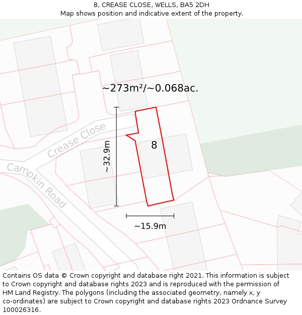 8, CREASE CLOSE, WELLS, BA5 2DH: Plot and title map