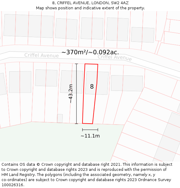 8, CRIFFEL AVENUE, LONDON, SW2 4AZ: Plot and title map