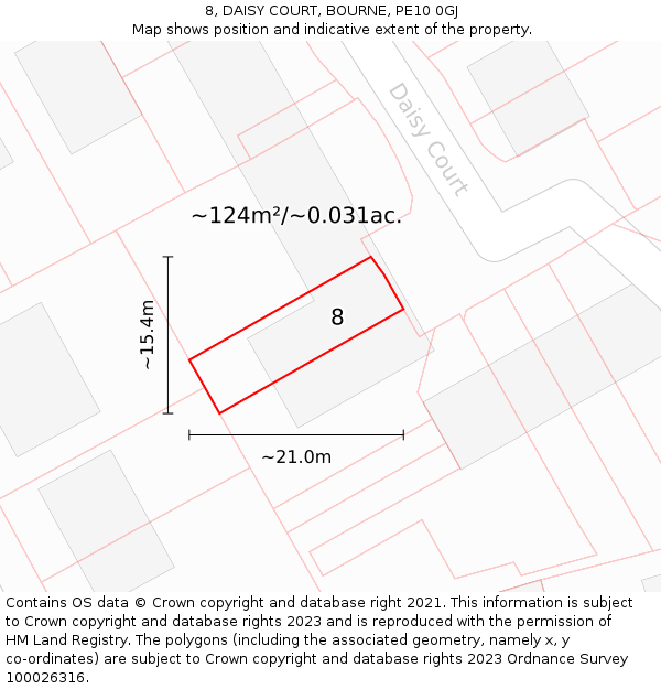 8, DAISY COURT, BOURNE, PE10 0GJ: Plot and title map