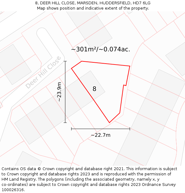 8, DEER HILL CLOSE, MARSDEN, HUDDERSFIELD, HD7 6LG: Plot and title map