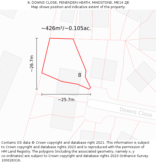 8, DOWNS CLOSE, PENENDEN HEATH, MAIDSTONE, ME14 2JE: Plot and title map