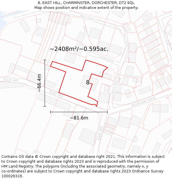 8, EAST HILL, CHARMINSTER, DORCHESTER, DT2 9QL: Plot and title map