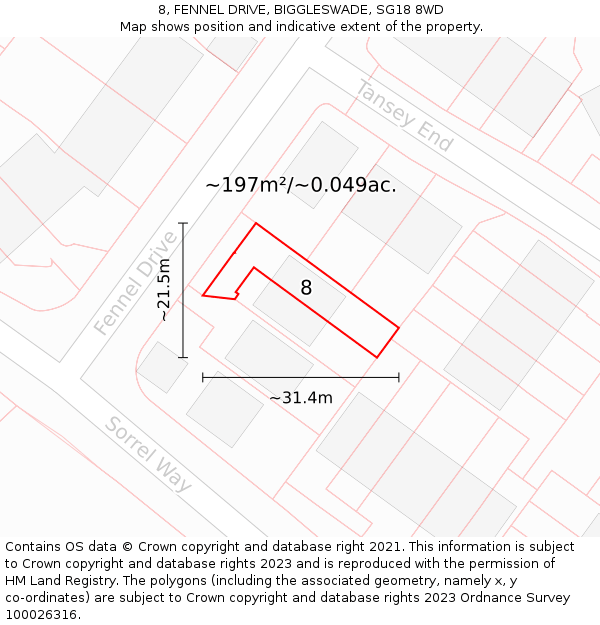 8, FENNEL DRIVE, BIGGLESWADE, SG18 8WD: Plot and title map