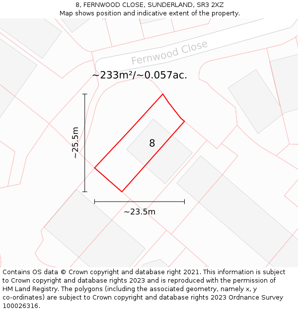 8, FERNWOOD CLOSE, SUNDERLAND, SR3 2XZ: Plot and title map