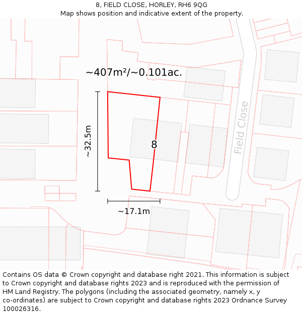 8, FIELD CLOSE, HORLEY, RH6 9QG: Plot and title map