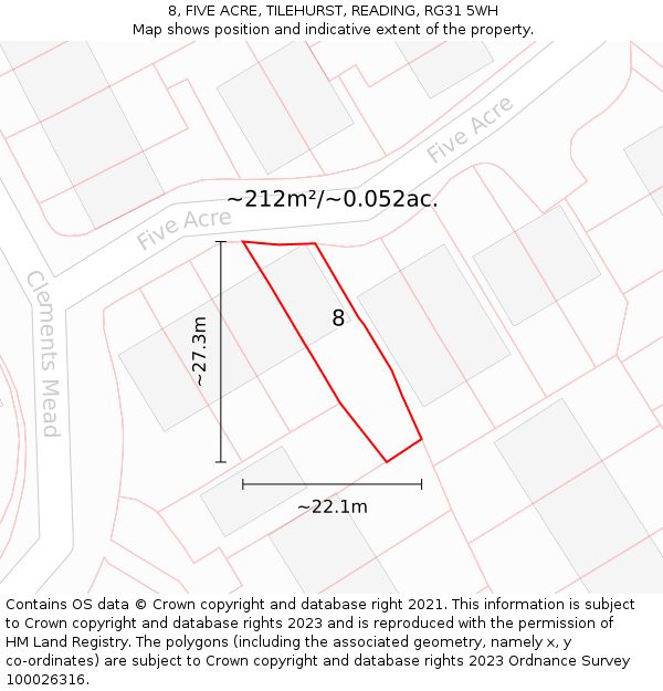 8, FIVE ACRE, TILEHURST, READING, RG31 5WH: Plot and title map