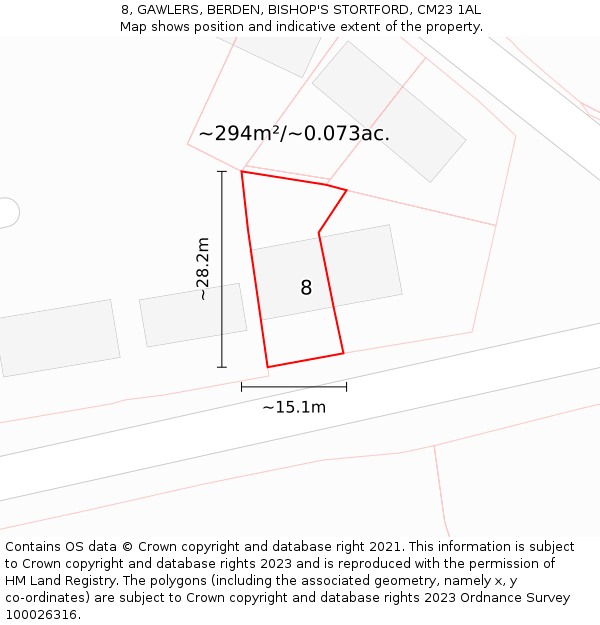 8, GAWLERS, BERDEN, BISHOP'S STORTFORD, CM23 1AL: Plot and title map