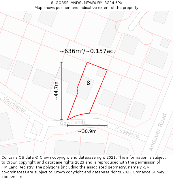 8, GORSELANDS, NEWBURY, RG14 6PX: Plot and title map