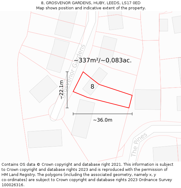 8, GROSVENOR GARDENS, HUBY, LEEDS, LS17 0ED: Plot and title map